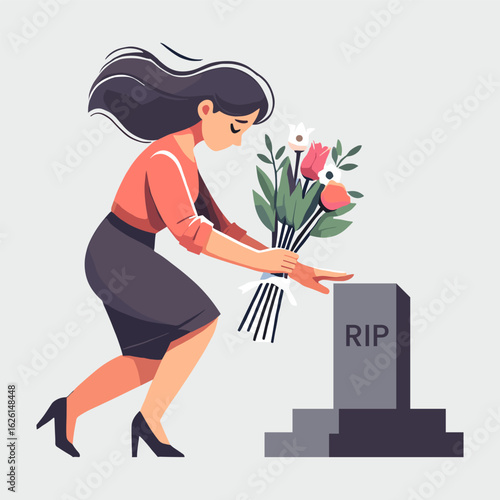 Woman Laying Flowers at Tombstone with RIP Inscription in Cemetery