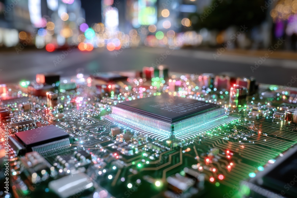 Obraz premium Close-Up of a Circuit Board with Colorful Lights at Night in a Busy Urban Environment, Showcasing Modern Technology and Digital Innovation