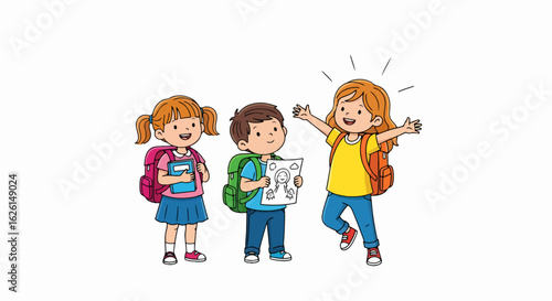 Children having fun illustrating excitement after a test with backpacks, books and school supplies, kids having fun drawing on paper, smiling, laughing, and jumping with joy,