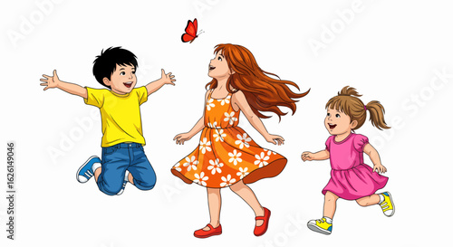 Children having fun watching butterfly fluttering around in simple illustration, depicting carefree enjoyment. Children having fun in their innocence as butterfly flies above in the artwork.
