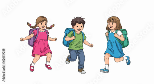 Kids with backpacks running joyfully on white background. Kids with backpacks are excited to start school after summer break. Kids with backpacks concept for children's illustration or advertisement.