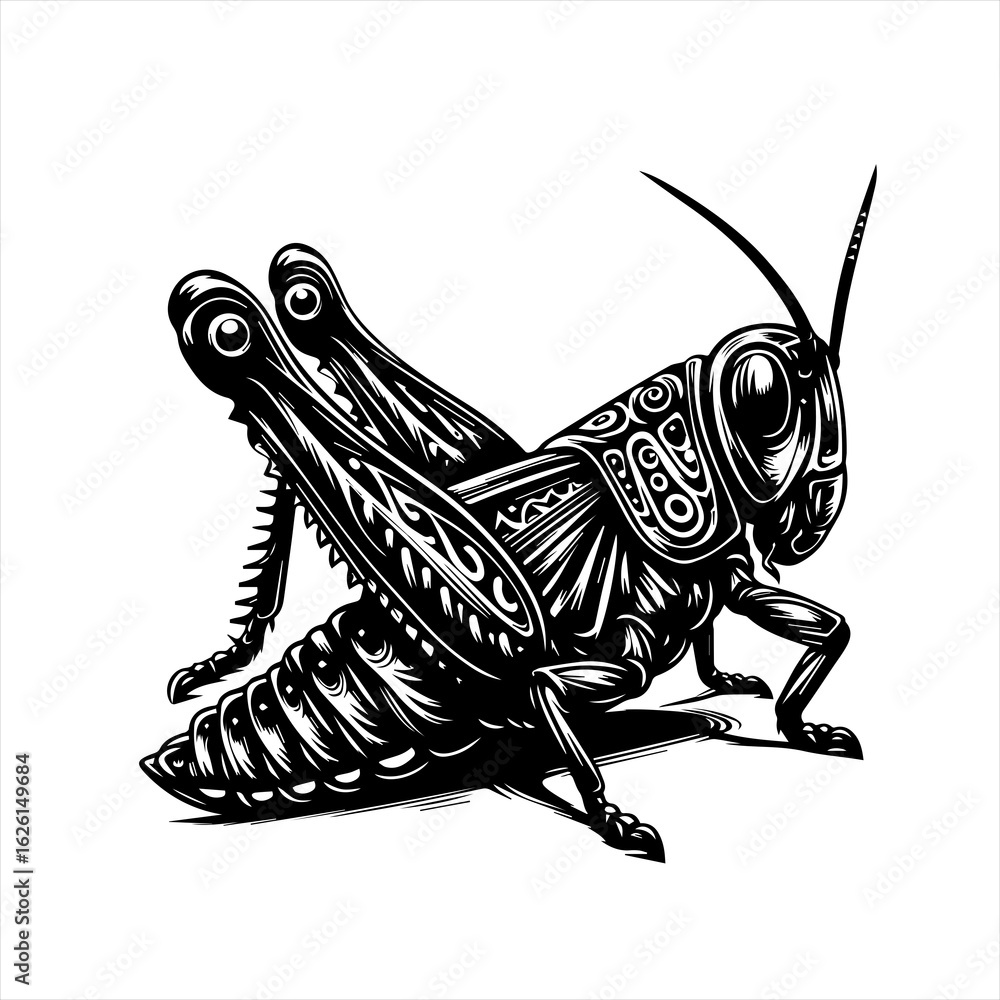 Fototapeta premium Stylized Black and White Grasshopper Vector Art.