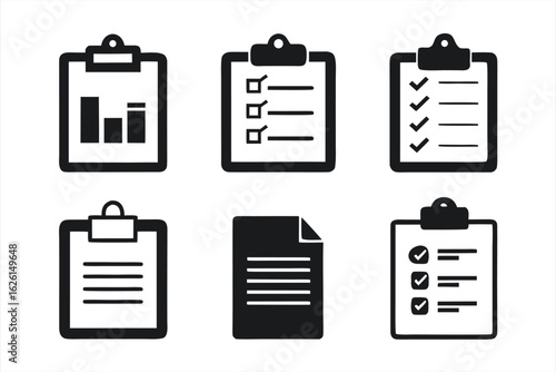 Collection of icons representing different types of documents and lists, including a bar chart, a checklist with checkboxes, a simple list, and a document icon, all isolated on a white background