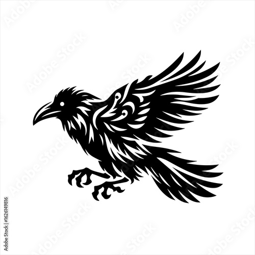 Stylized Black Raven Flying Vector Design.