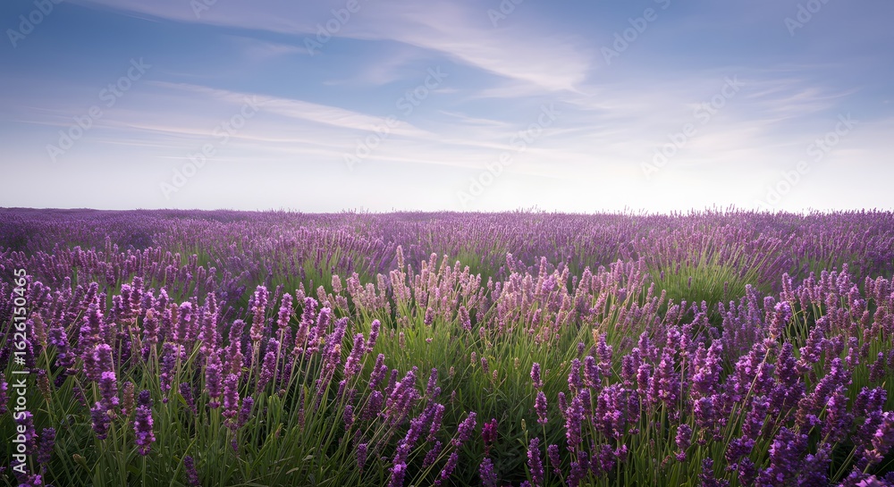 Fototapeta premium A vast field of lavender flowers under a bright sky with soft clouds creating a serene landscape view