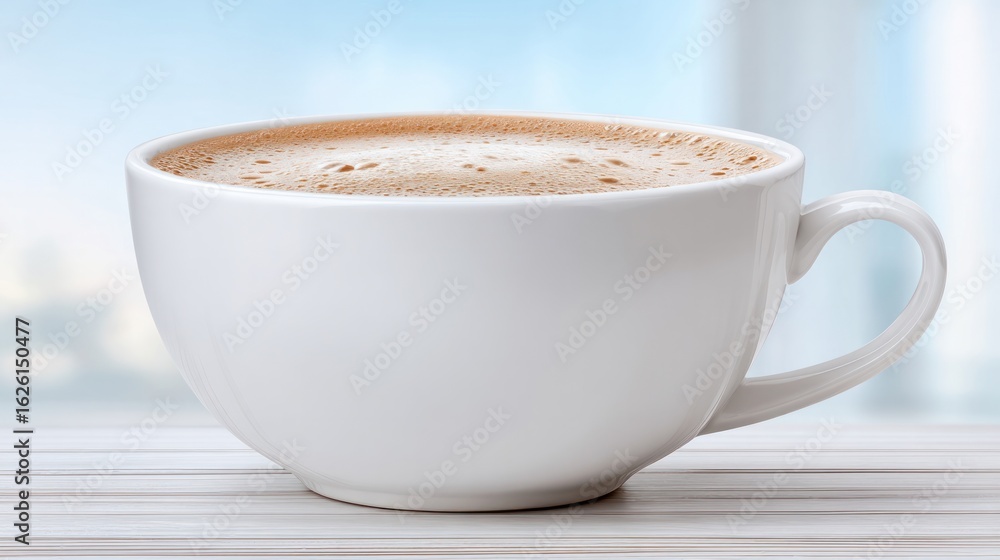 Fototapeta premium Cafe Latte in a Ceramic Cup: A steaming cup of cafe latte is presented, with creamy foam, capturing warmth and comfort on a table top.