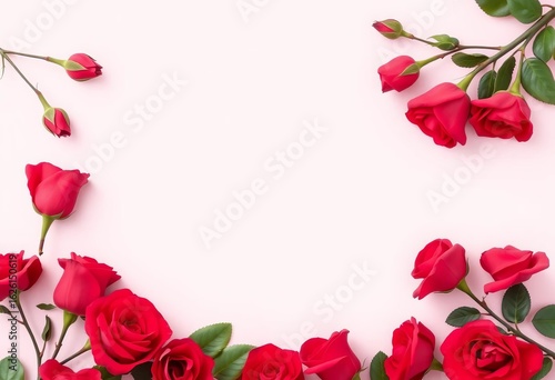 Elegant red rose border with buds & leaves, framing white on pink background,  greenery,  birthday