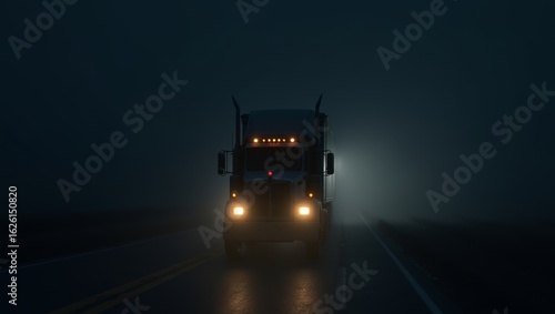 Mysterious truck navigating through dense fog on a lonely highway at night