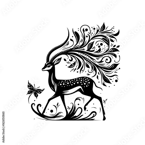 Elegant Black Silhouette of a Gazelle with Floral Mane.