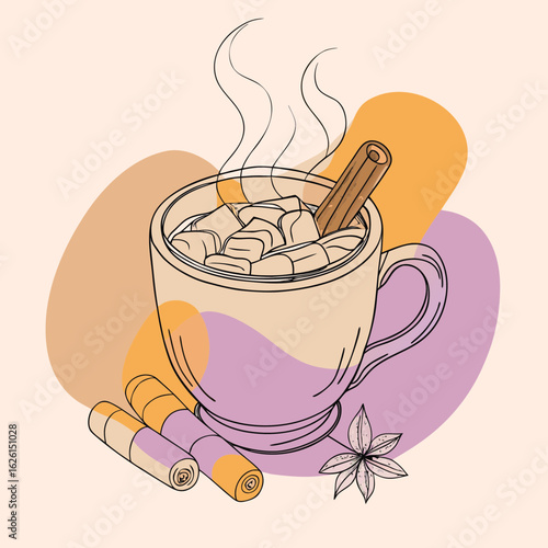 Hand drawn style cup of hot chocolate with marshmallows and cinnamon stick, surrounded by colorful geometric abstract shapes in pastel tones, cozy and warm autumn mood
