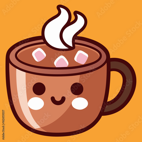 Cute smiling hot drink cup with steam and marshmallows on bright orange background
