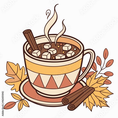 Hot drink in patterned mug with marshmallows and cinnamon surrounded by autumn leaves and spices
