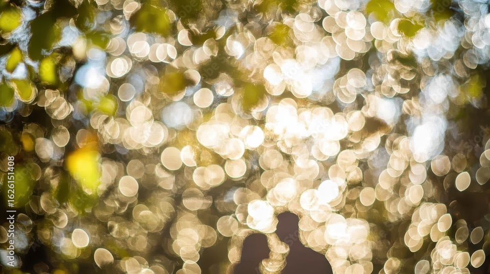 Obraz premium Silhouettes embrace among soft light circles and glowing leaves