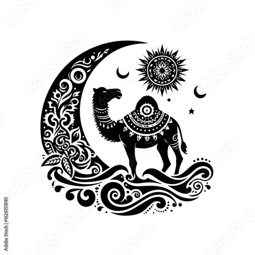 Ornate Camel Silhouette with Crescent Moon and Sun.