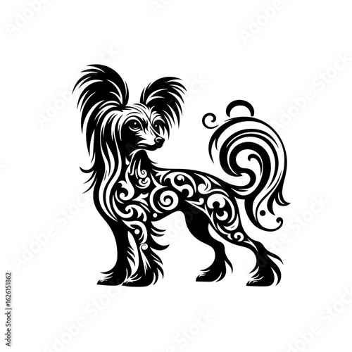 Ornate Chinese Crested Dog Silhouette with Tribal Patterns.