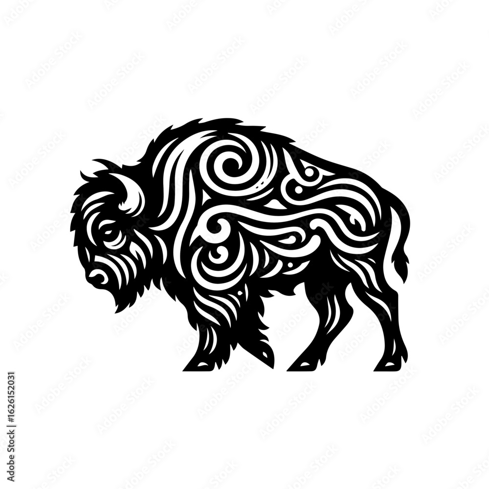 Fototapeta premium Stylized Bison Silhouette with Tribal Swirls.