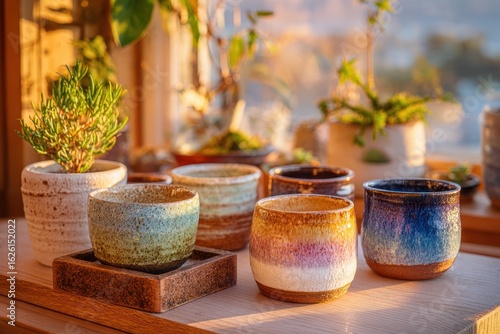 Wallpaper Mural Colorful Ceramic Pots Displayed in Warm Natural Light with Plants on Wooden Surface, Creating a Cozy and Inviting Atmosphere in a Home Setting Torontodigital.ca