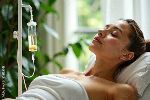 A woman receiving Vitamin Therapy IV Drip Infusion in a tranquil greenery-filled environment.