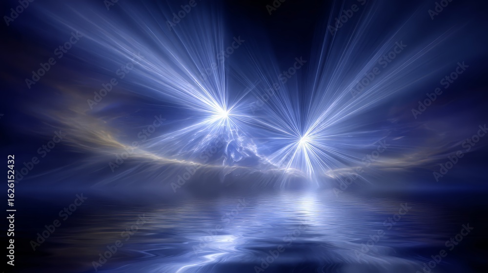 Fototapeta premium Glowing Light Rays Over Water At Night