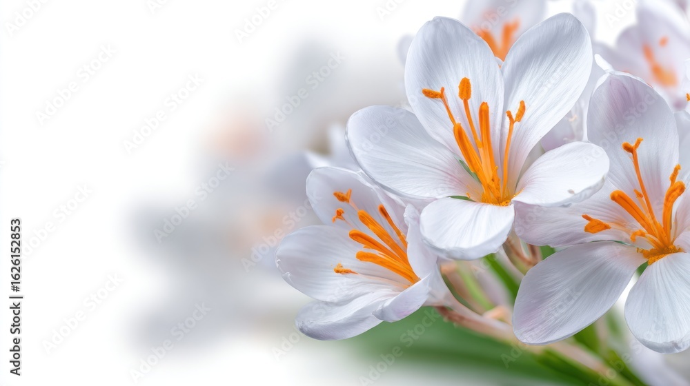 Naklejka premium Floral Elegance: A close-up showcases a delicate cluster of pure white crocus blossoms, each petal artfully edged in a radiant orange hue, set against a soft, blurred background.