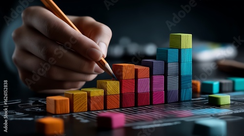 Hand Drawing Colorful Bar Chart on Dark Background - Professional Data Visualization Concept - Sharp Focus Pencil Artwork with Vibrant Cubes