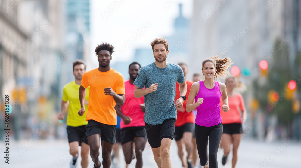Obraz premium A group of diverse runners sprints through a city street, radiating health and determination. Perfect for campaigns about fitness, teamwork, and urban lifestyles.
