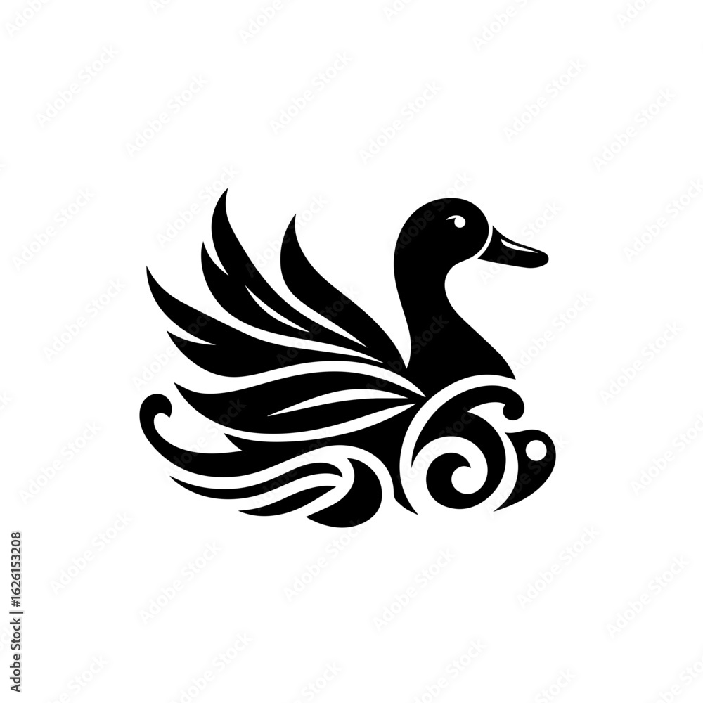 Fototapeta premium Stylized Black Duck with Swirling Water Design.