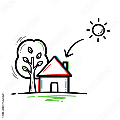 Simple hand-drawn house with a tree and sun illustration  