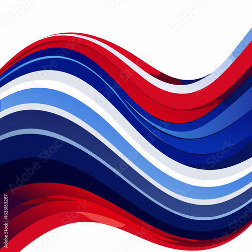 Abstract flowing waves of red white and blue colors create a dynamic patriotic background design