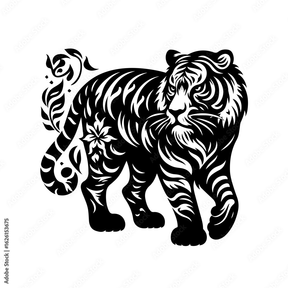 Naklejka premium Stylized Black Tiger Silhouette with Floral Accents.