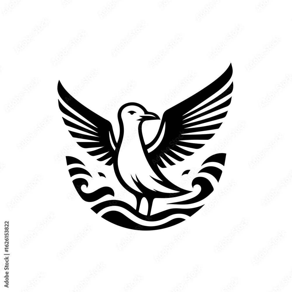 Obraz premium Stylized Seagull with Wings Spread Over Water.