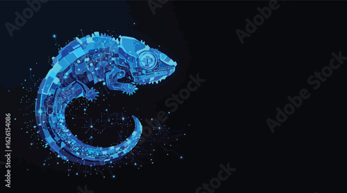 Digital chameleon illustration depicting technology and circuit board design with dark background.