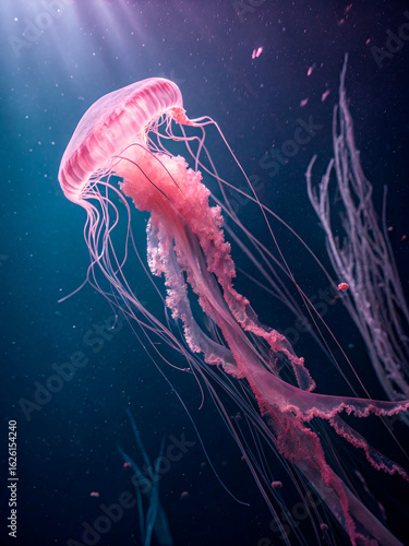 Elegant Pink Jellyfish Swimming in Deep Blue Underwater Habitat