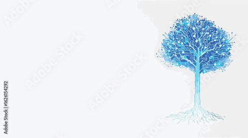 Digital circuit tree symbolizing technology growth innovation and connection in the modern world.