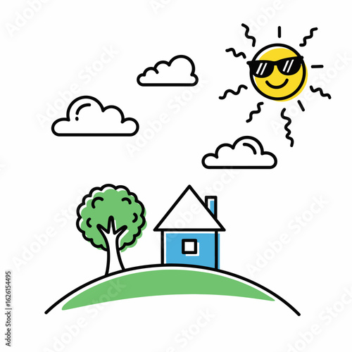 Cartoon house with tree and smiling sun on grassy hill  