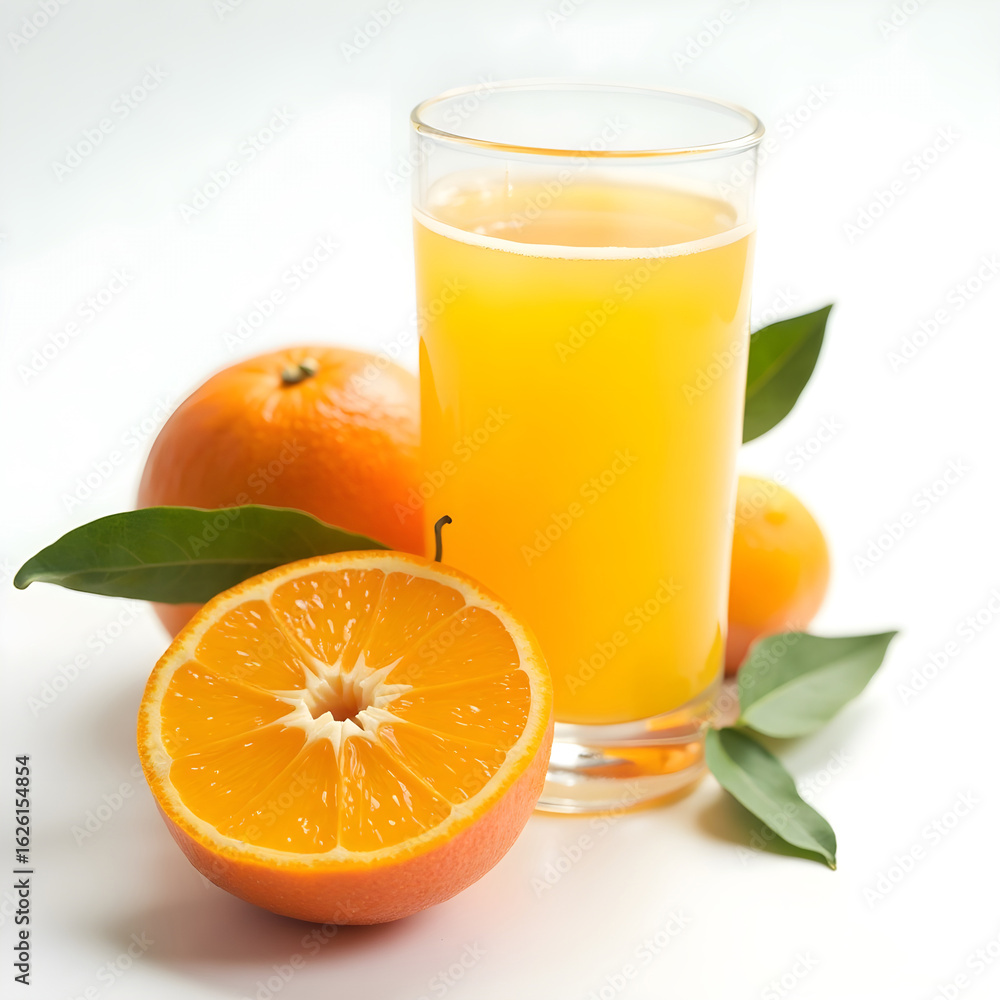 Still life of orange juice in glass with oranges and green leaves Still life of orange juice in glass with oranges and green leaves
