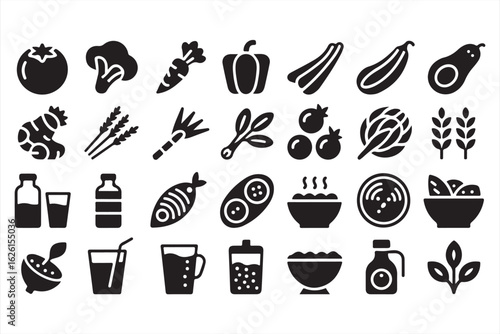 Nutrition and meal prep icons with avocado, soup, pods, and tomato symbols