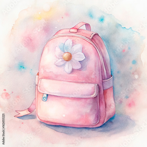 Watercolor Pink Backpack Illustration with Daisy Decoration on Pastel Background