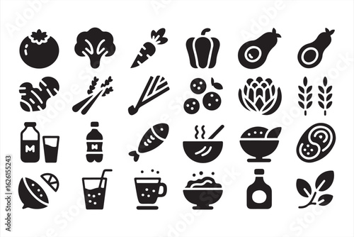 Healthy cooking and grocery icon pack featuring herbs, legumes, and sauce