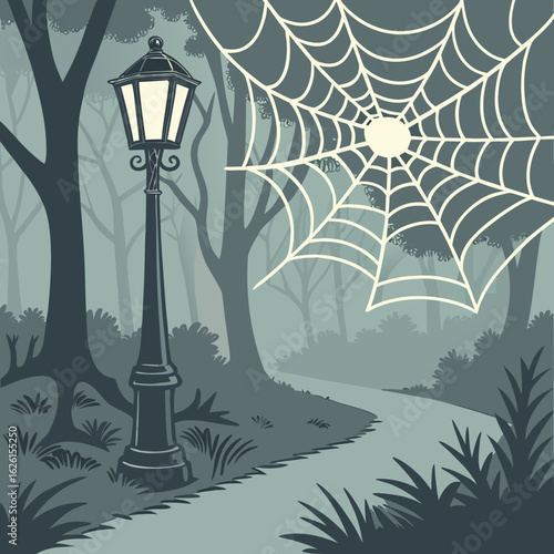 Illustration of a spooky park scene with a lamppost and a spiderweb in the trees at nighttime