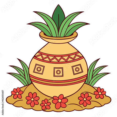 Decorative earthen pot with grass leaves is placed over soil and red flowers