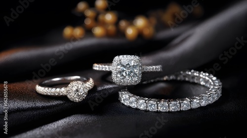 Birds eye layout of luxury diamond jewelry including engagement rings tennis bracelets displayed on a black silk background with soft studio glow and high end ambiance