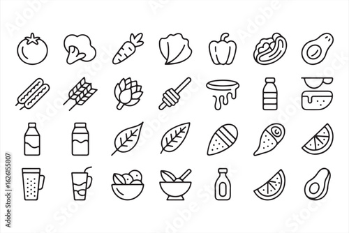 Fresh produce and meal icons for menu design and organic food branding