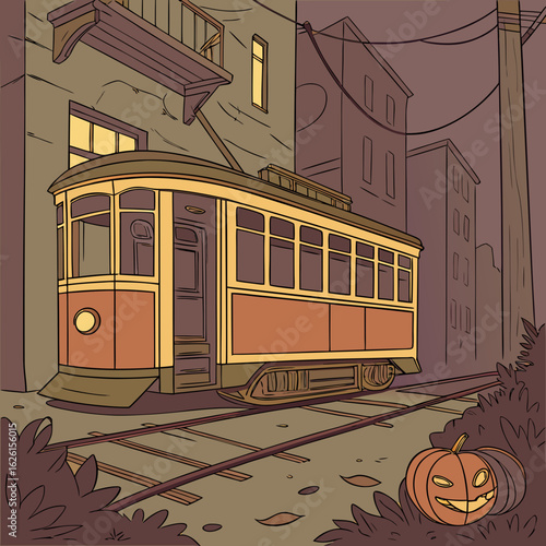 Vintage trolley car on tracks with a halloween pumpkin in a spooky city street scene at dusk or night