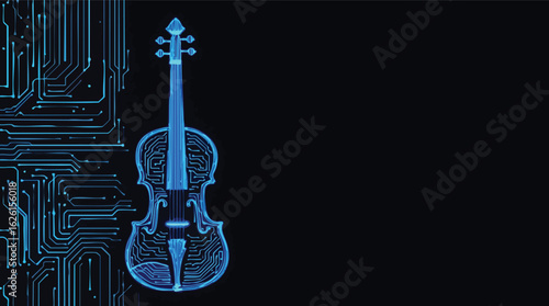Digital violin depicting music and technology integration with circuit board aesthetic and blue glow.