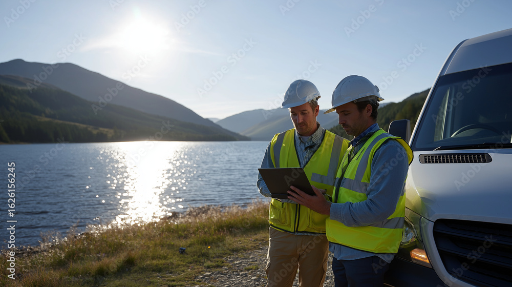 Fototapeta premium Engineers Reviewing Data at Reservoir Site with Laptop and Van