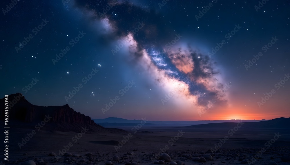 Naklejka premium Desert Sky: The Milky Way Above a Twilight Landscape (AI Generated)
