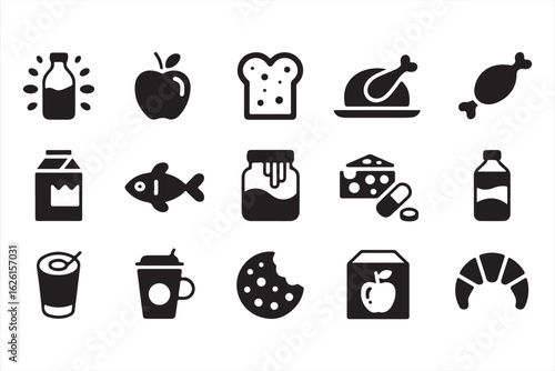 Silhouette nutrition and beverage icons including toast, coffee, and juice