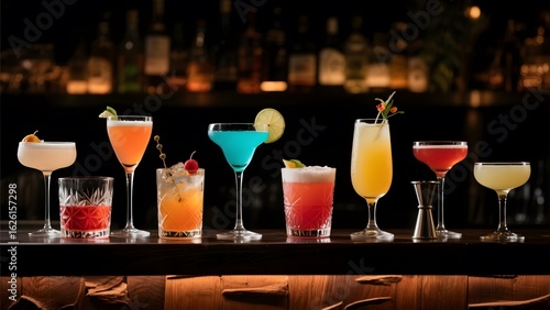 A vibrant array of colorful cocktails displayed on a bar counter with a blurred background of liquor bottles.