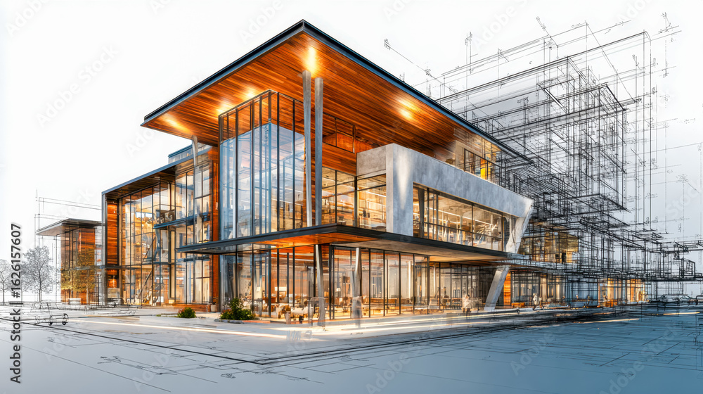 Obraz premium Modern architectural design of a contemporary building with glass and wood elements, blending construction plans with real-life structure